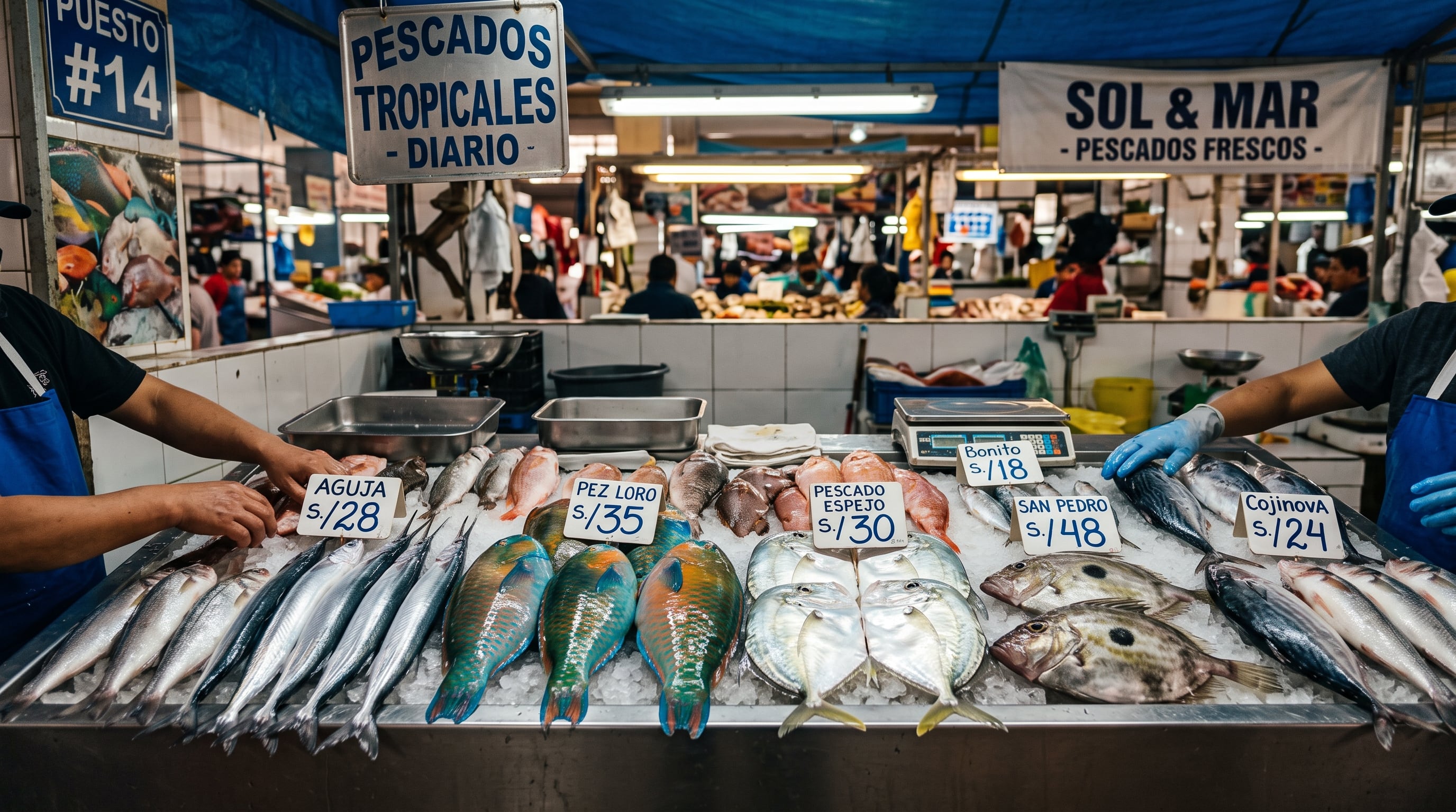Un puesto pesquero en Lima ofrece diversas especies de peces tropicales y tradicionales con sus precios en soles sobre un mostrador con hielo. (Imagen Ilustrativa Infobae)