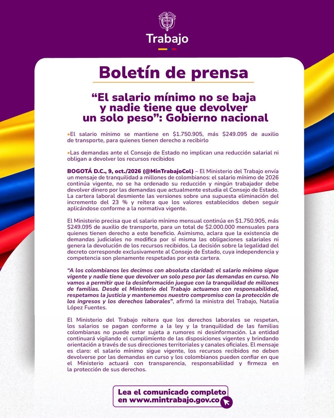 La ministra de Trabajo sostuvo que el pago de $ 2 millones, incluido el auxilio de transporte, conserva plena vigencia mientras el Consejo de Estado analiza demandas contra el decreto - crédito Ministerio de Trabajo