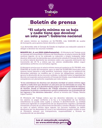La ministra de Trabajo sostuvo que el pago de $ 2 millones, incluido el auxilio de transporte, conserva plena vigencia mientras el Consejo de Estado analiza demandas contra el decreto - crédito Ministerio de Trabajo