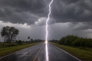 Un rayo blanco cae sobre una carretera asfaltada e iluminada por el destello, rodeada de vegetación y bajo un cielo con nubes oscuras.