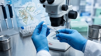 Manos con guantes azules sostienen un tubo de ensayo etiquetado junto a un microscopio, pipetas y un mapa de Spitsbergen.