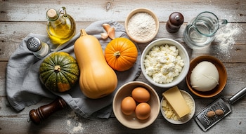 Vista aérea de ingredientes de cocina sobre una mesa de madera: calabazas, ricota, mozzarella, parmesano, huevos, harina, aceite, agua, sal, pimienta y nuez moscada.