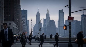Peatones cruzan una calle en Nueva York con rascacielos distintivos como el Empire State y Chrysler Building, bajo un cielo grisáceo al anochecer o amanecer.