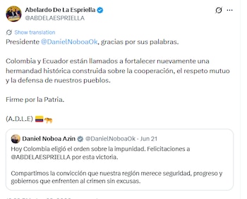 Abelardo de la Espriella afirmó que es fundamental para su gobierno las relaciones con Ecuador - crédito @ABDELAESPRIELLA/X