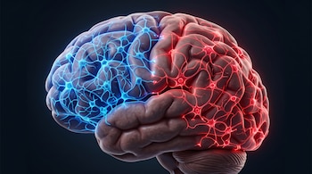 Cerebro humano visto de perfil sobre fondo oscuro, cubierto por una red luminosa azul en el sector anterior y una red roja en el posterior.