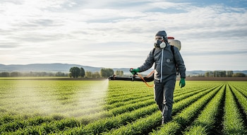 Especialistas em roupas de proteção, máscaras e óculos de proteção pulverizam herbicida com uma máquina em um campo verde com fileiras de plantações sob um céu nublado.