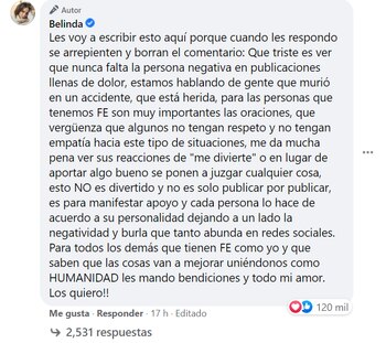 Belinda responde (cortesía: FB)