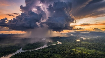 Grandes nubes oscuras de tormenta con rayos, lluvia abundante, un río serpenteante rodeado de selva, montañas en el horizonte y un cielo anaranjado al atardecer.