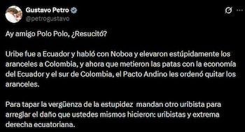 Gustavo Petro respondió a Miguel Polo Polo y afirmó que el levantamiento de los aranceles obedeció a una orden de la Comunidad Andina, no a gestiones de actores políticos colombianos - crédito Gustavo Petro/X