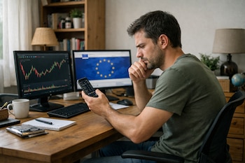 Un hombre joven sentado ante un escritorio de madera con dos monitores de ordenador, uno con gráficos, otro con el logo de la UE. Sostiene un móvil.