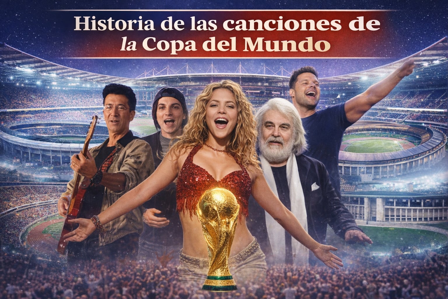 Shakira, Ricky Martin, Gianna Nannini, Edoardo Benatto y Vangelis se unen en una portada vibrante con el trofeo de la Copa del Mundo y fondos de estadios emblemáticos. (Imagen Ilustrativa Infobae)
