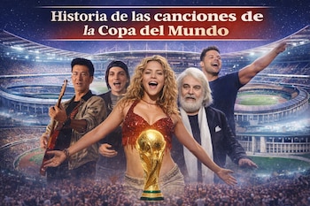 Un montaje de los artistas Shakira, Ricky Martín, Gianna Nannini, Edoardo Benatto y Vangelis posando con el trofeo de la Copa del Mundo y varios estadios de fútbol al fondo.