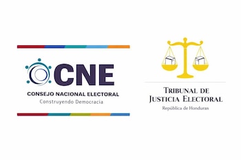 Dos logos sobre fondo blanco. A la izquierda, el logo del CNE con sus siglas y nombre completo. A la derecha, el logo del TJE con balanza de justicia y cajas de voto.