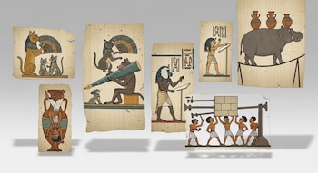 Fragmentos de papiro ilustrados con escenas humorísticas egipcias: gatos, mono escribiendo, hipopótamo en cuerda floja, figura en ánfora y obreros.