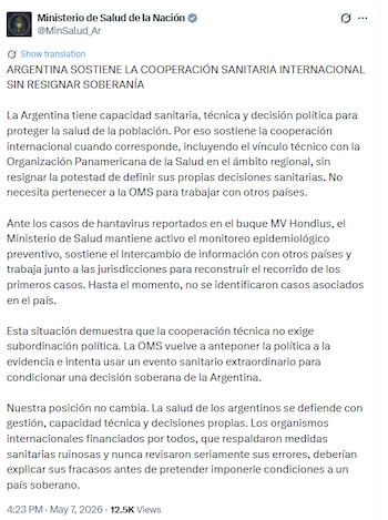 Captura de pantalla de un tuit del Ministerio de Salud de Argentina sobre cooperación sanitaria, soberanía y monitoreo de hantavirus, con texto en español y contador de vistas