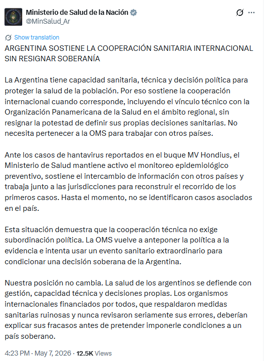 El comunicado del Ministerio de Salud (Captura)