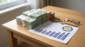 Pilas de pesos dominicanos en una mesa de madera clara junto a un gráfico de barras rojo y azul con el logo del Banco Central, monedas, gafas y un bolígrafo.