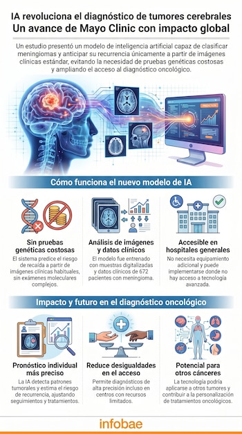 Ilustración de una cabeza humana con un cerebro brillante, conectada a escáneres cerebrales y un monitor que muestra gráficos de inteligencia artificial, junto a iconos de beneficios.