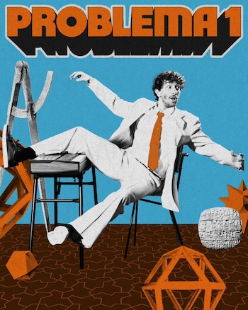 Hombre con traje claro y corbata naranja, sentado dinámicamente con piernas sobre un teclado. Fondo azul con gráficos abstractos y el título 'Problema I'