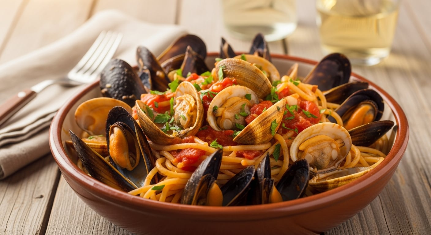 El spaghetti allo scoglio de Campania combina pasta larga con mariscos frescos y una cocción breve propia de la cocina marinera del sur de Italia. (Imagen Ilustrativa Infobae)