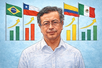 Ilustración de Gustavo Petro con gafas y camisa clara, frente a banderas de Brasil, Chile, Colombia y México, con gráficos de barras y flechas ascendentes.