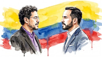 Ilustración en acuarela de dos hombres con barba mirándose de perfil, uno con gafas y camisa morada, el otro con camisa blanca. Fondo con manchas de pintura amarilla, azul y roja.