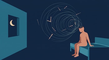 Dibujo de una figura sentada en una cama, una espiral con manecillas que brota de su cabeza y una ventana con luna menguante en una habitación azul.
