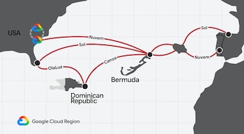 Mapa de cables submarinos que conectan Estados Unidos, República Dominicana, Bermudas y otra masa terrestre. Se muestran los nombres Sol, Nuvem, OlaLuz, Canoa. Logotipo de Google Cloud Region