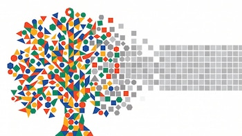 Árbol formado por figuras geométricas multicolores que se transforman en cuadrados grises alineados en una cuadrícula sobre un fondo blanco