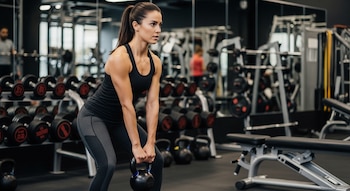 Una mujer con ropa deportiva sujeta una pesa rusa en un gimnasio. Detrás se observan filas de mancuernas, otras pesas rusas y equipos.