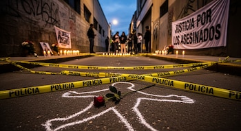Cinta amarilla de policía, silueta de tiza de un cuerpo en el asfalto con una rosa roja, velas encendidas, personas y una pancarta de justicia.