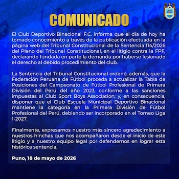 Comunicado oficial de Binacional tras sentencia del TC.