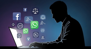 Silueta oscura de una persona tecleando en una laptop brillante, rodeada de íconos de Facebook, WhatsApp, balanzas de justicia y martillos de juez flotando.