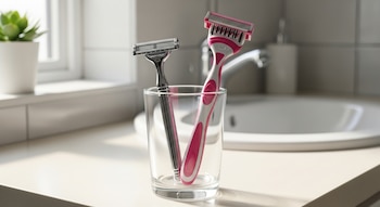 Dos rastrillos, uno gris oscuro y otro rosa y blanco, están dentro de un vaso transparente sobre un mostrador claro en un baño con luz natural.