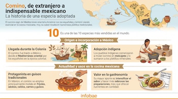Infografía con mapa de México, barcos, mujer moliendo, olla de comida, tacos, molcajete, semillas de comino, frasco de especias, texto y logo Infobae.