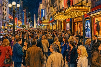 Dibujo de personas caminando por una avenida nocturna frente a marquesinas teatrales iluminadas y el Obelisco al fondo.