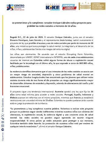 Los congresistas Enrique Cabrales y Jesús Lorduy, del Centro Democrático, radicaron un proyecto de ley que busca prohibir el acceso y uso de redes sociales a menores de 16 años - crédito Centro Democrático
