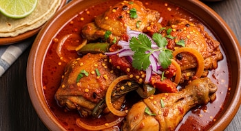 Primer plano de un plato de Pollo a la Diabla en un tazón de cerámica, con pollo en salsa roja picante, aros de cebolla morada, cilantro y tortillas.