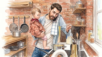 Ilustración de un hombre con barba sosteniendo a un niño en una cocina. El hombre habla por teléfono y revuelve pasta en una olla.