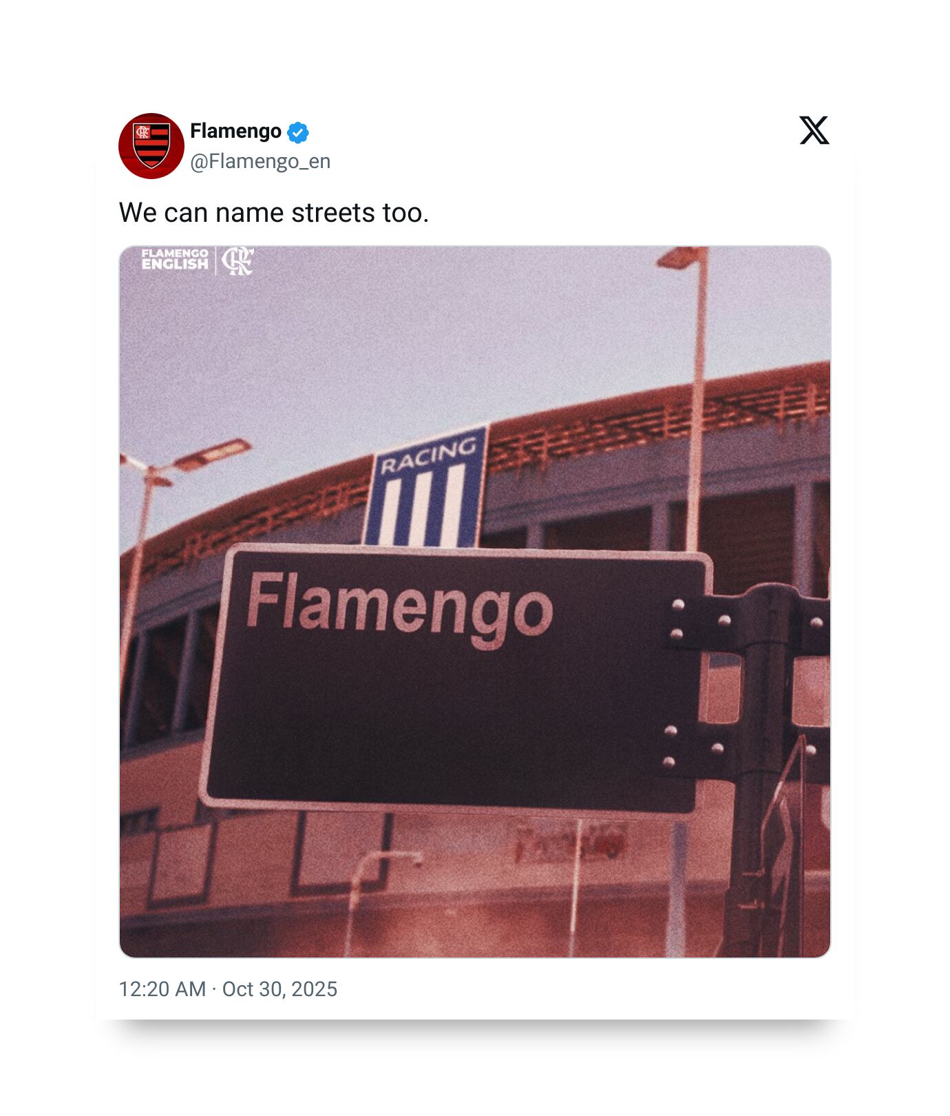 A través de una imagen editada, Flamengo le modificó el nombre a una de las calles aledañas al Cilindro de Avellaneda