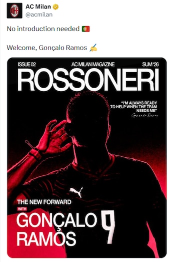 La llegada de Gonçalo Ramos y la presencia de Niclas Füllkrug reducirán minutos de Santiago Giménez en la rotación del AC Milan. (X/ @acmilan)