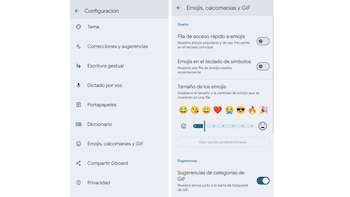 Dos capturas de pantalla de móvil con menús de configuración. Se observa una lista de ajustes y una pantalla de emojis con opciones, interruptores y un deslizador de tamaño de emojis