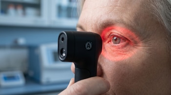 Primer plano lateral de un ojo adulto con iris gris verdoso, arrugas alrededor, siendo iluminado por una luz infrarroja roja de un dispositivo con logo Aalto University.