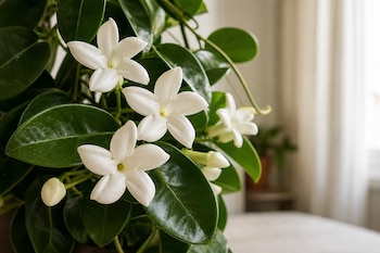 Flores blancas de cinco pétalos y hojas verdes brillantes de una planta de jazmín de Madagascar en una habitación.