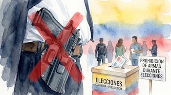 Ilustración de una persona con un arma prohibida, una urna electoral con papeletas, un cartel de prohibición de armas y votantes en Colombia.