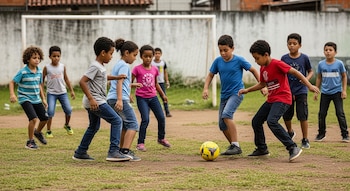 Vista de un grupo diverso de niños y niñas jugando fútbol en un campo de tierra con parches de hierba seca y un poste de portería metálico al fondo, bajo luz natural.