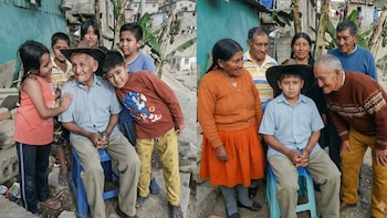 Dos fotos unidas: seis niños y un hombre mayor con sombrero, y siete personas, dos mujeres, cuatro hombres y un niño con sombrero