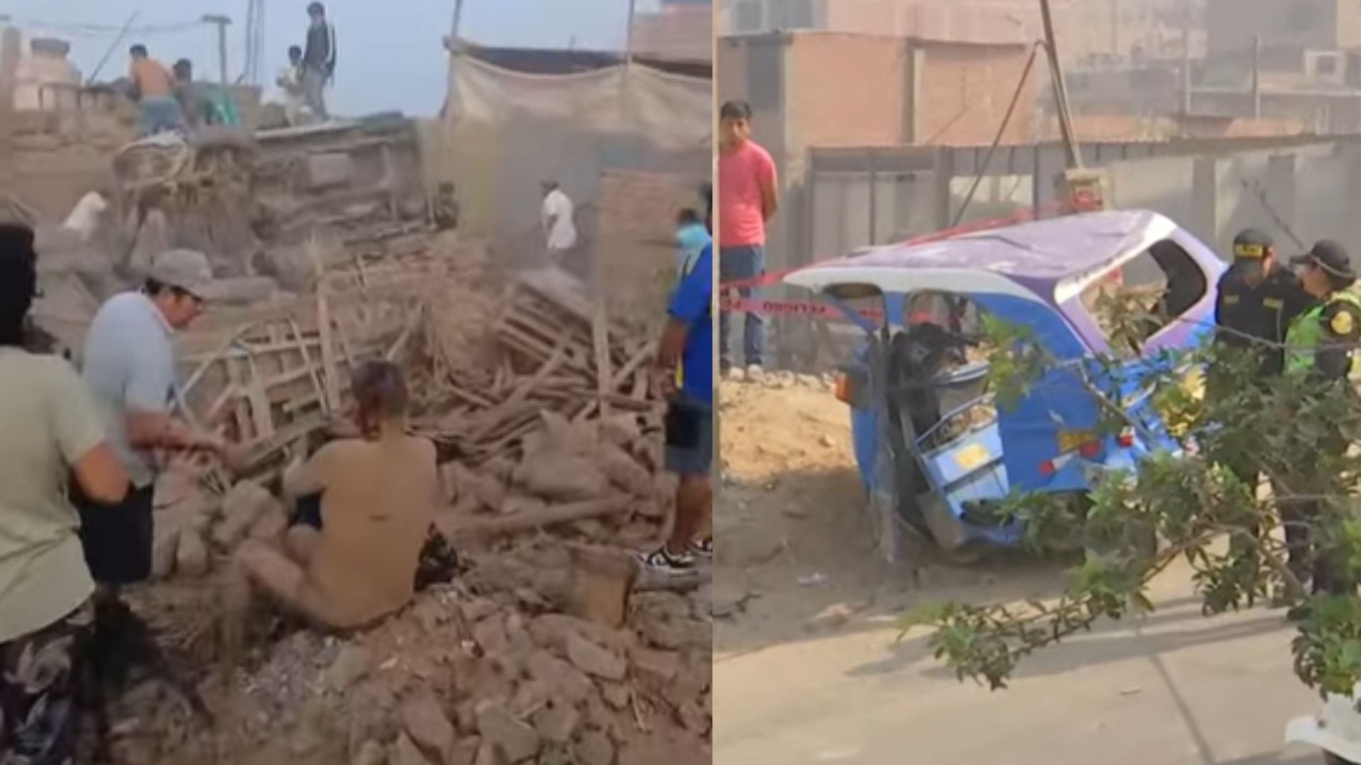 Un accidente en Jicamarca mostró un mototaxi volcado y escombros dispersos, con personas heridas siendo asistidas y la presencia de agentes policiales en el lugar del suceso. (TV Perú)