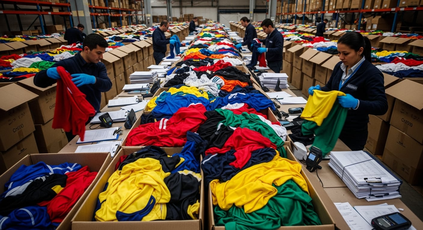 Agentes con guantes azules inspeccionan montones de camisetas deportivas de colores dentro de cajas en un almacén aduanero durante un operativo oficial. (Imagen Ilustrativa Infobae)