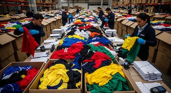Varias personas con guantes azules revisan montones de camisetas deportivas de diversos colores en cajas de cartón abiertas, en un almacén industrial con estantes.